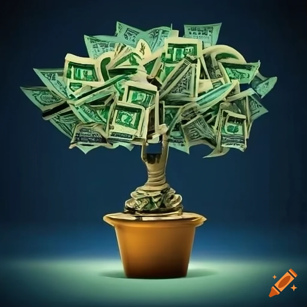 A flourishing money tree with currency notes as leaves, symbolizing financial growth and prosperity.